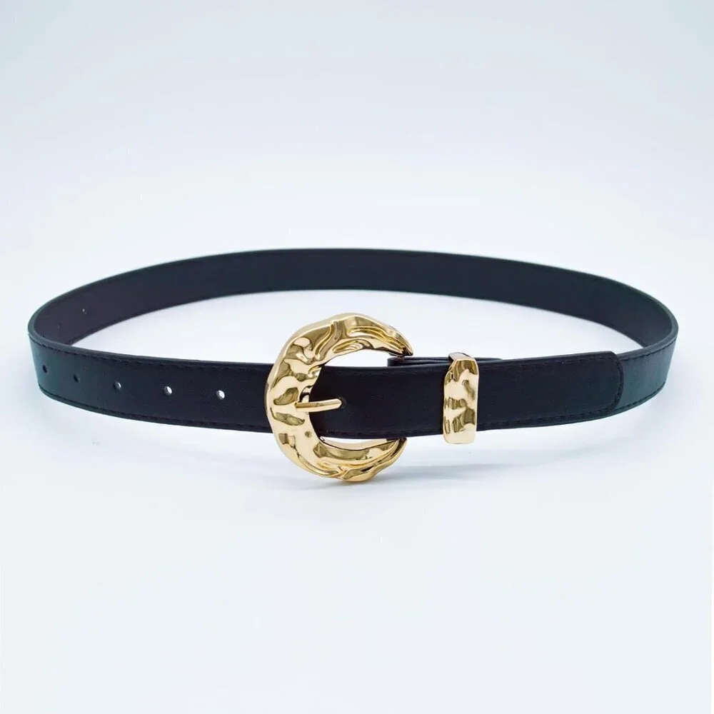 Women's Black Leather Belt For Pants Dresses Fashion Casual Waist Belt with Gold